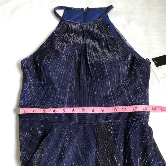 NWT Betsy & Adam Navy Blue Ombré Metallic Halter Neckline Dress Gown Size 8